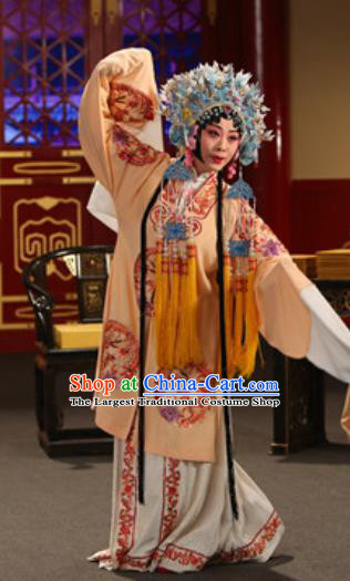 Chinese Kun Opera Hua Tan Empress Apparels Costumes and Headdress Jing Yang Zhong Traditional Kunqu Opera Queen Dress Garment