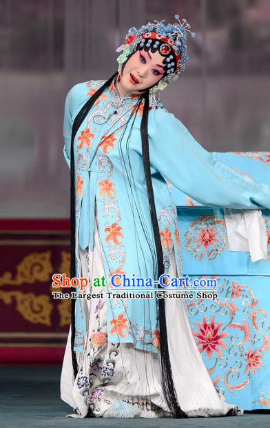 Chinese Kun Opera Hua Tan Du Liniang Blue Dress Apparels and Headdress Dream in The Garden Traditional Kunqu Opera Garment Actress Costumes