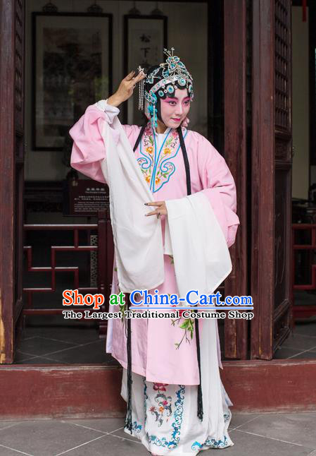 Chinese Kun Opera Young Female Du Liniang Pink Dress Apparels and Headdress Dream in The Garden Traditional Kunqu Opera Hua Tan Garment Costumes
