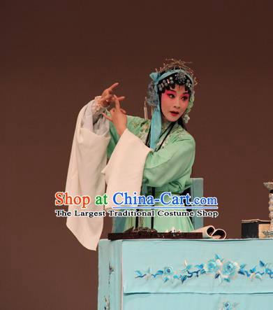 Chinese Kun Opera Young Female Qiao Xiaoqing Green Apparels Costumes and Hair Accessories Liao Du Geng Traditional Kunqu Opera Actress Dress Consort Garment