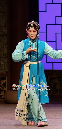 Chinese Kun Opera Young Girl Blue Dress Apparels and Headdress Full Bed Wat Traditional Kunqu Opera Servant Lady Garment Costumes