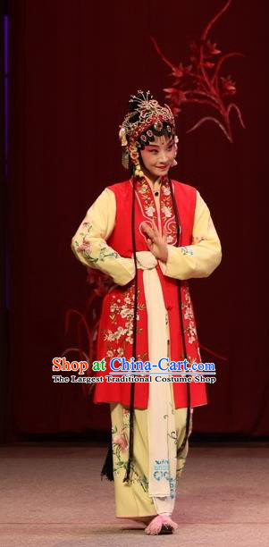 Chinese Kun Opera Xiaodan Maidservant Dress Apparels and Headdress Full Bed Wat Traditional Kunqu Opera Young Girl Red Garment Costumes