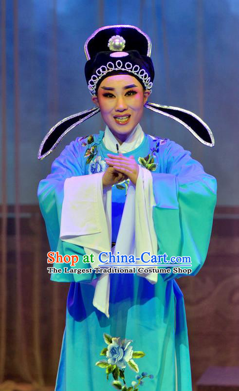 Chinese Yue Opera Young Male Apparels Pi Shan Jiu Mu Garment Shaoxing Opera Scholar Liu Yanchang Costumes Embroidered Robe and Hat