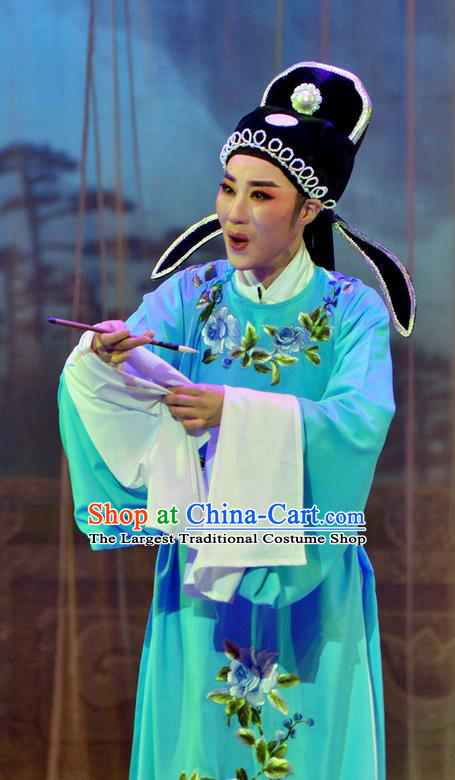 Chinese Yue Opera Young Male Apparels Pi Shan Jiu Mu Garment Shaoxing Opera Scholar Liu Yanchang Costumes Embroidered Robe and Hat