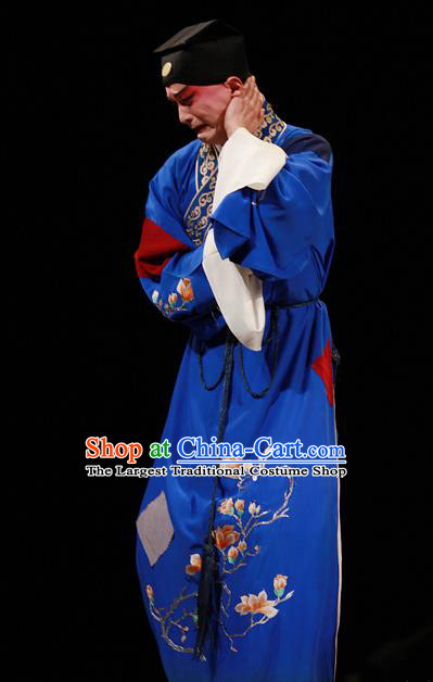 Xiu Ru Ji Chinese Kun Opera Xiaosheng Costumes and Headwear Kunqu Opera Young Male Garment Apparels Scholar Zheng Yuanhe Blue Robe