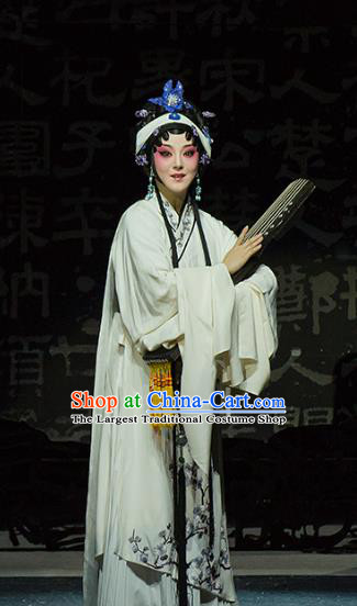 Chinese Kun Opera Young Female Cai Wenji Apparels Costumes and Hair Accessories Continue the Pipa Traditional Kunqu Opera Distress Maiden White Dress Garment