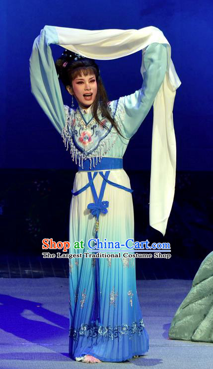 Chinese Shaoxing Opera Female Costumes Pi Shan Jiu Mu Apparels Yue Opera Actress Blue Dress Goddess Garment and Hair Accessories