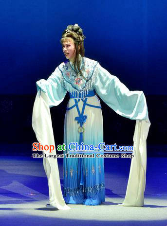 Chinese Shaoxing Opera Female Costumes Pi Shan Jiu Mu Apparels Yue Opera Actress Blue Dress Goddess Garment and Hair Accessories