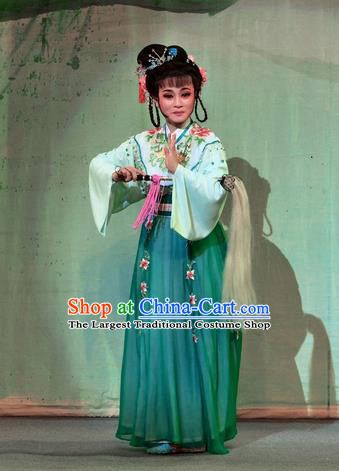 Chinese Shaoxing Opera Young Lady Costumes Pi Shan Jiu Mu Apparels Yue Opera Actress Dress Goddess Maidservant Garment and Headpieces