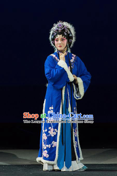 Chinese Kun Opera Distress Maiden Blue Apparels Costumes and Headdress Continue the Pipa Traditional Kunqu Opera Litteratrice Cai Wenji Dress Garment