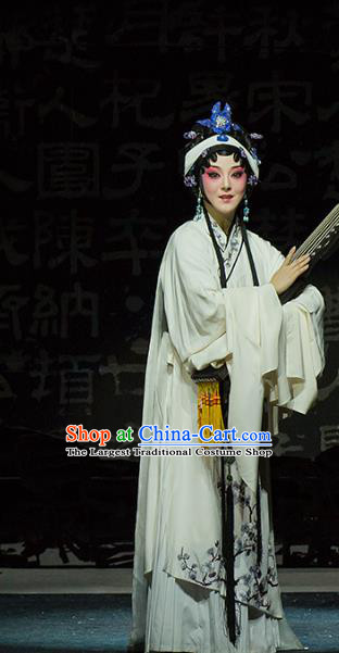 Chinese Kun Opera Tsing Yi Actress Apparels Costumes and Headdress Continue the Pipa Traditional Kunqu Opera Distress Maiden White Dress Garment