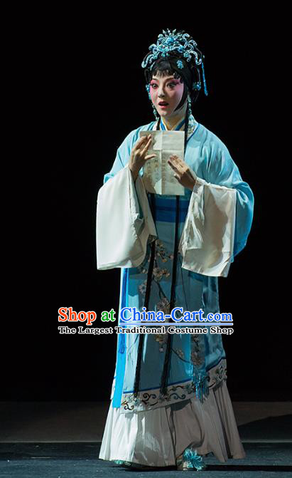 Chinese Kun Opera Young Woman Blue Dress Apparels Costumes and Hair Accessories Continue the Pipa Traditional Kunqu Opera Hua Tan Cai Wenji Garment