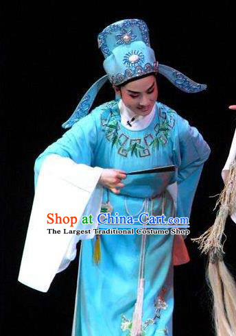 Chinese Yue Opera Rich Niche Apparels Yu Qing Ting Shaoxing Opera Young Male Costumes Scholar Shen Guisheng Blue Garment and Headwear