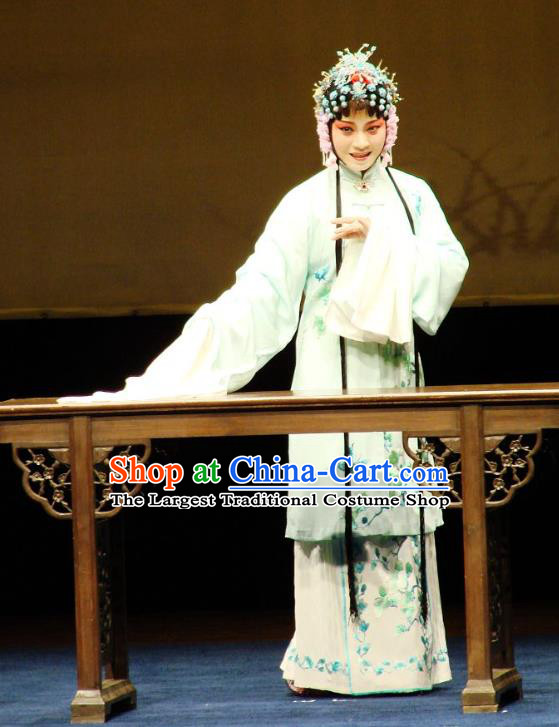 Chinese Kun Opera Young Female Costumes Apparels and Headdress Green Peony Traditional Kunqu Opera Actress Yang Wan E Dress Garment