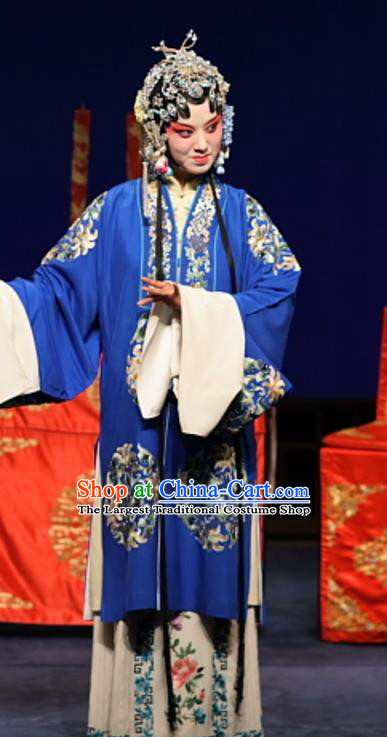 Chinese Kun Opera Noble Female Costumes Apparels and Headdress Feng Zheng Wu Traditional Kunqu Opera Hua Tan Blue Dress Garment