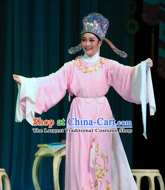 Chinese Yue Opera Nobility Childe Apparels Yu Qing Ting Shaoxing Opera Young Male Costumes Scholar Shen Guisheng Garment Pink Embroidered Robe and Hat
