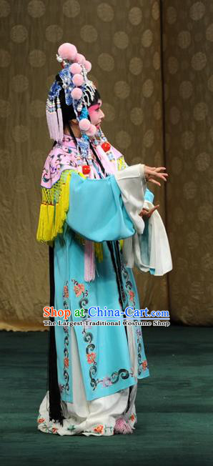 Chinese Kun Opera Court Maid Costumes Apparels and Headdress Yu Jia Le Traditional Kunqu Opera Actress Blue Dress Garment