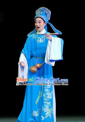 Chinese Yue Opera Scholar Blue Apparels Yu Qing Ting Shen Guisheng Shaoxing Opera Xiao Sheng Costumes Young Male Garment Embroidered Robe and Hat