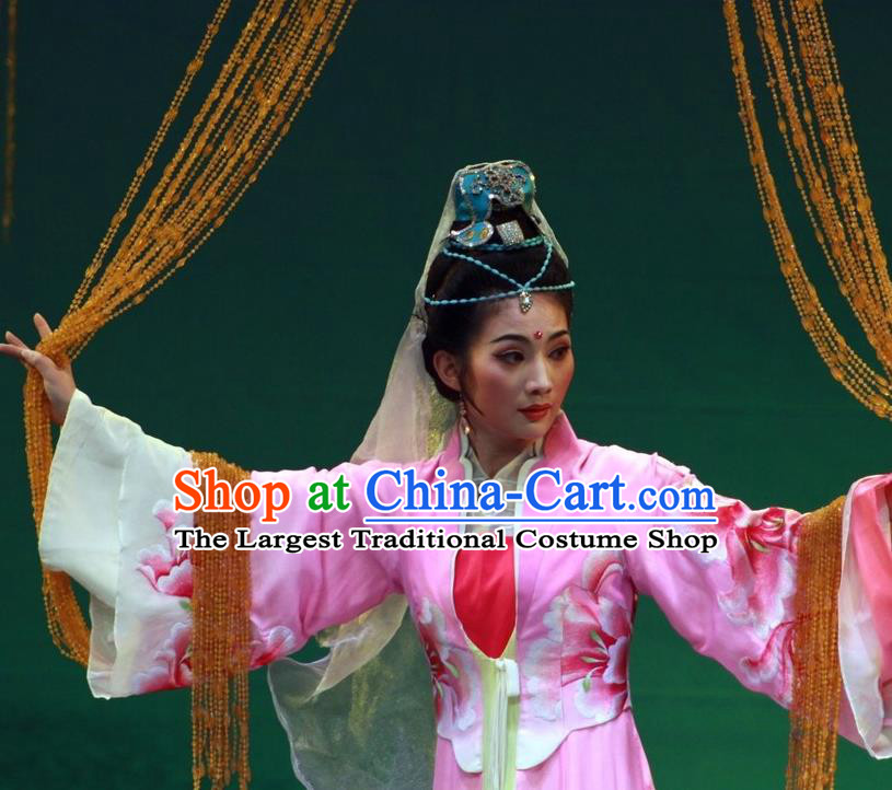 Chinese Huangmei Opera Young Lady Pink Costumes Apparels and Headdress Escaping From the Temple Traditional Anhui Opera Taoist Nun Dress Garment