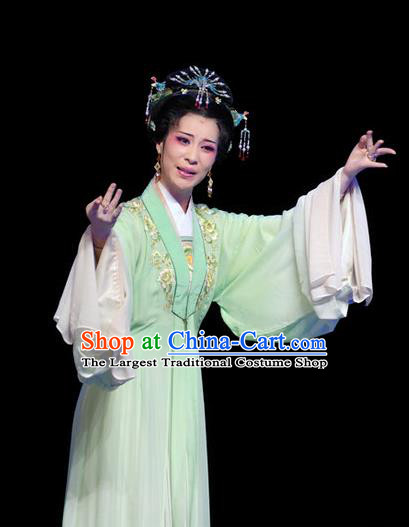 Chinese Shaoxing Opera Hua Tan Costumes Yu Qing Ting Apparels Yue Opera Garment Young Female Noble Lady Green Dress and Headpieces