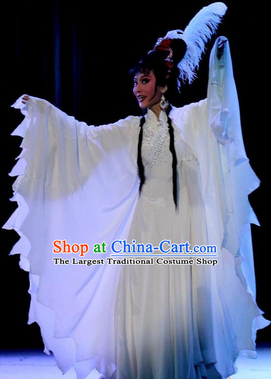 Chinese Huangmei Opera Hua Tan Costumes Apparels and Headdress Qian Yu Jin Traditional Anhui Opera Crane Faity A Ling White Dress Garment