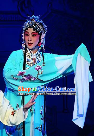 Chinese Kun Opera Rich Lady Bi Tao Costumes and Headdress The Legend of Hairpin Traditional Kunqu Opera Hua Tan Blue Garment Apparels