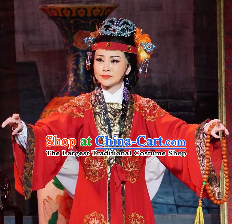 Chinese Shaoxing Opera Middle Age Female Costumes The Pearl Tower Apparels Yue Opera Garment Rich Dame Red Dress and Headdress