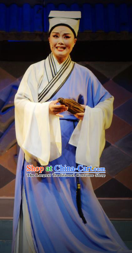 Chinese Yue Opera Niche Poor Scholar Apparels The Pearl Tower Shaoxing Opera Xiao Sheng Costumes Young Male Garment Blue Robe and Hat