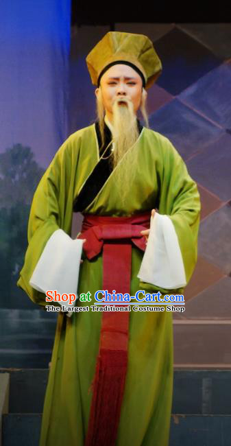 Chinese Yue Opera Elderly Male Apparels The Pearl Tower Shaoxing Opera Lao Sheng Costumes Green Robe Garment and Hat