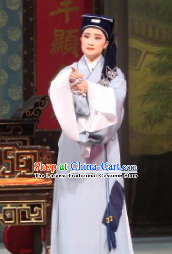 Chinese Yue Opera Young Man Apparels The Pearl Tower Shaoxing Opera Xiao Sheng Costumes Niche Blue Robe Garment and Hat