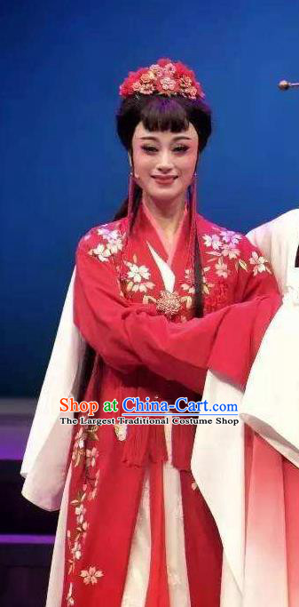 Chinese Shaoxing Opera Female Wedding Costumes Zhang Yu Niang Apparels Yue Opera Hua Tan Actress Red Dress Garment and Headdress
