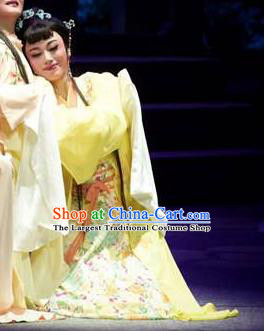 Chinese Shaoxing Opera Noble Lady Costumes Zhang Yu Niang Apparels Yue Opera Hua Tan Actress Yellow Dress Garment and Headpieces