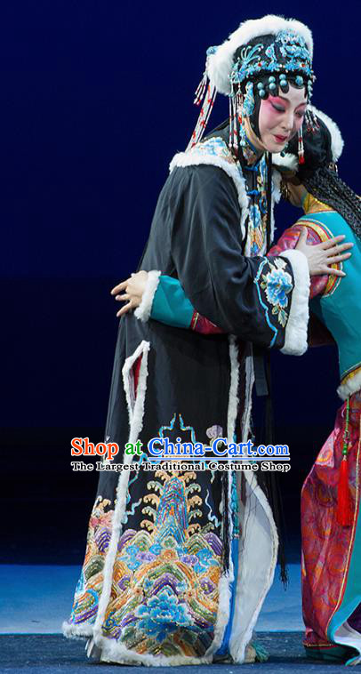 Chinese Kun Opera Young Female Cai Wenji Dress Apparels Costumes and Headdress Continue the Pipa Traditional Kunqu Opera Consort Black Garment