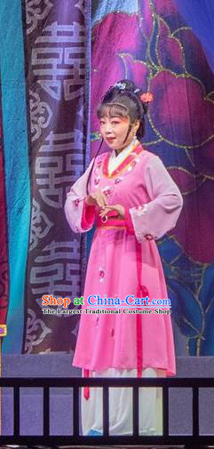 Chinese Shaoxing Opera Servant Girl Costumes The Pearl Tower Apparels Yue Opera Garment Maidservant Rosy Dress and Hair Ornaments