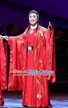 Chinese Shaoxing Opera Niche Jiao Zhongqing Wedding Garment and Headwear Yue Opera The Peacocks Fly To The Southeast Apparels Scholar Red Costumes