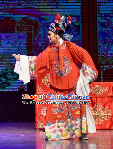 Chinese Shaoxing Opera Xiao Sheng Garment and Hat Yue Opera The Arrogant Princess Apparels Costumes Bridegroom Red Robe