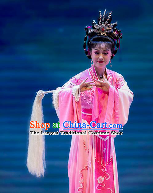 Chinese Huangmei Opera Peri Apparels Costumes and Headpieces Goddess Marriage Traditional Anhui Opera Hua Tan Pink Dress Garment