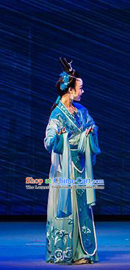 Chinese Huangmei Opera Hua Tan Apparels Costumes and Headpieces Goddess Marriage Traditional Anhui Opera Diva Blue Dress Garment