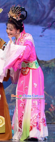 Chinese Huangmei Opera Young Beauty Apparels Costumes and Headpieces Goddess Marriage Traditional Anhui Opera Hua Tan Pink Dress Garment