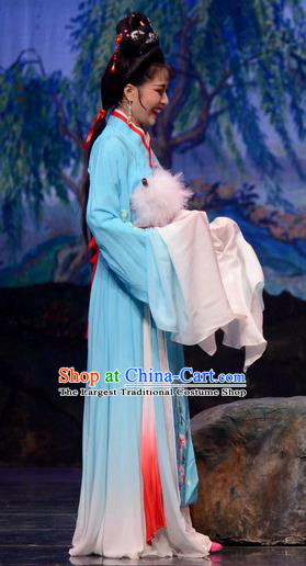 Chinese Huangmei Opera Apsara Apparels Costumes and Headpieces Goddess Marriage Traditional Anhui Opera Hua Tan Blue Dress Actress Garment