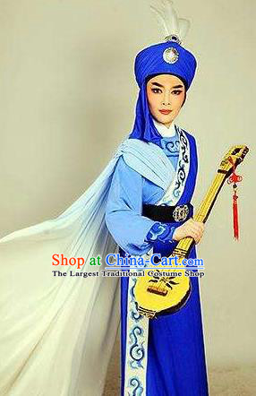 Chinese Shaoxing Opera Xiao Sheng Blue Garment and Hat Yue Opera Desert Prince Apparels Costumes Young Male Robe