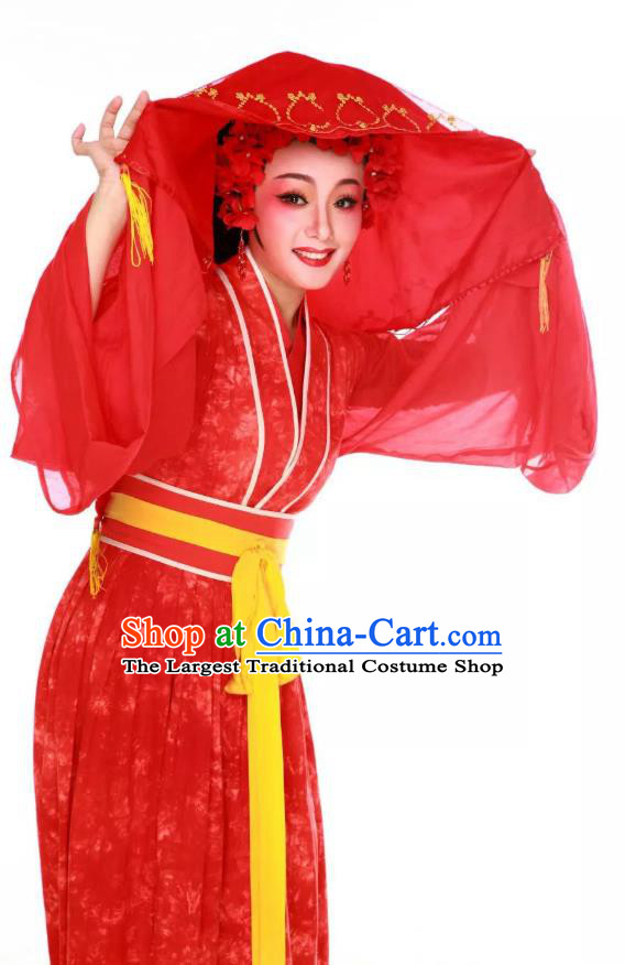 Chinese Huangmei Opera Bride Wedding Costumes and Headdress Taibai Drunk Traditional Anhui Opera Actress Red Dress Garment Apparels