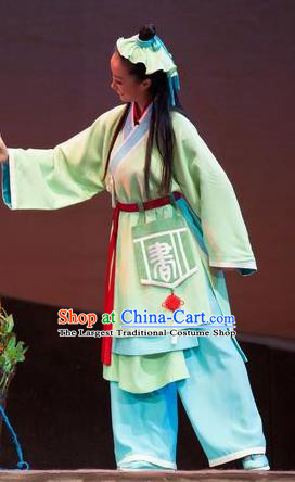 Chinese Huangmei Opera Young Boy Green Costumes and Headwear Li Shizhen An Hui Opera Livehand Apparels Clothing