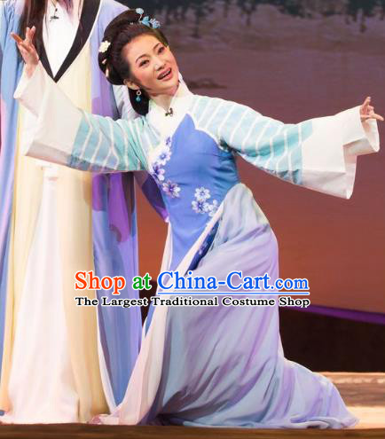 Chinese Huangmei Opera Young Female Garment Costumes and Headpieces Li Shizhen Traditional Anhui Opera Blue Dress Apparels