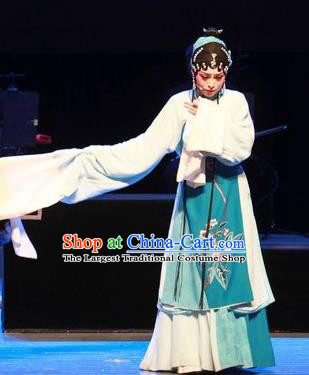 Chinese Huangmei Opera Young Lady Green Garment Costumes and Headpieces Yu Tian Xian Traditional Anhui Opera Xiaodan Actress Dress Apparels