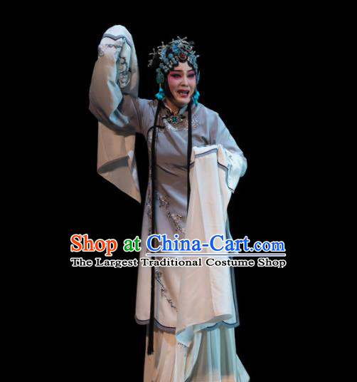 Chinese Huangmei Opera Actress Diva Garment Costumes and Headdress Luo Pa Ji Traditional Anhui Opera Chen Saijin Dress Distress Maiden Apparels