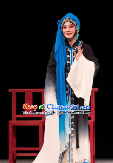 Chinese Huangmei Opera Tsing Yi Black Garment Costumes and Headdress Luo Pa Ji Traditional Anhui Opera Distress Female Dress Apparels