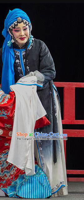 Chinese Huangmei Opera Tsing Yi Black Garment Costumes and Headdress Luo Pa Ji Traditional Anhui Opera Distress Female Dress Apparels