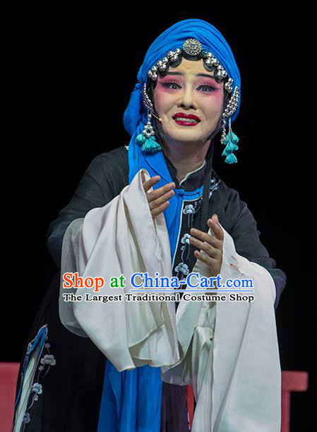 Chinese Huangmei Opera Tsing Yi Black Garment Costumes and Headdress Luo Pa Ji Traditional Anhui Opera Distress Female Dress Apparels