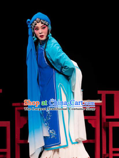 Chinese Huangmei Opera Distress Woman Garment Costumes and Headdress Luo Pa Ji Traditional Anhui Opera Actress Chen Saijin Blue Dress Apparels